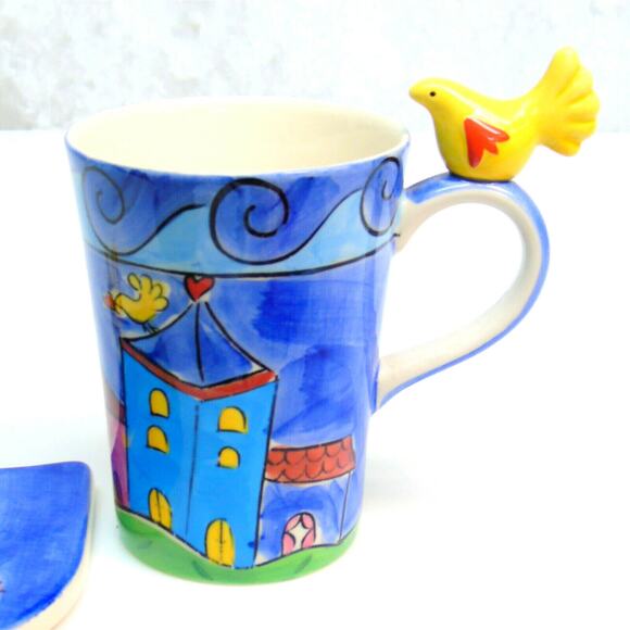 Herman Dodge & Son Coffee Mug Saucer Set Yellow Bird Tea Cup Coaster Plate Blue - Picture 4 of 8